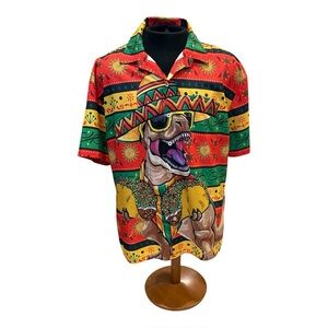 HARDADDY Men’s T-Rex Cinco De Mayo Animated Button Down | Bright & Colorful | M